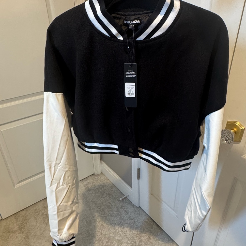 Fashion Nova Varsity Jacket in Black and Cream